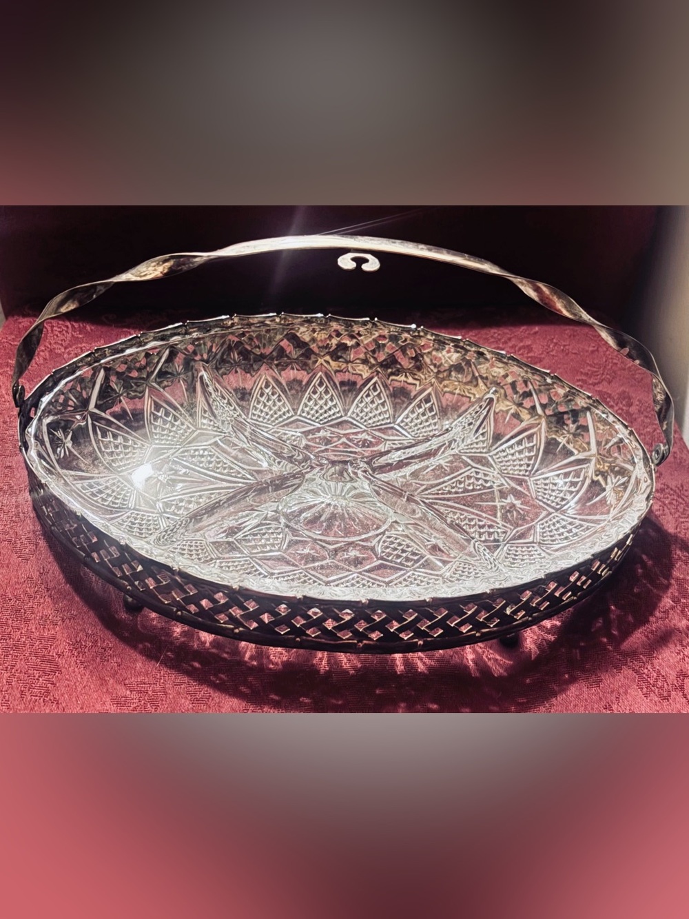 Vintage Cut‑Glass Serving Basket with Metal Filigree Handle Mid Century